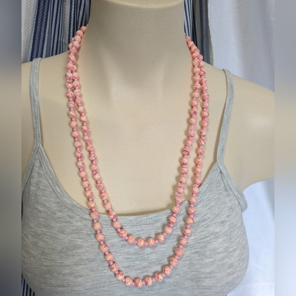 Extra Long Pink Beaded Necklace 54" Marbled Beads Boho Vintage